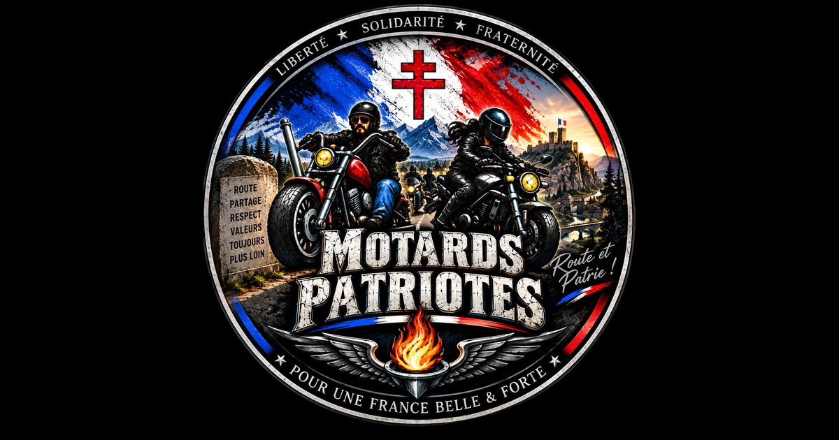 Vignette de partage : l'emblème rond des Motards Patriotes sur fond noir, un
                motard et une motarde devant le drapeau français frappé de la croix de Lorraine.