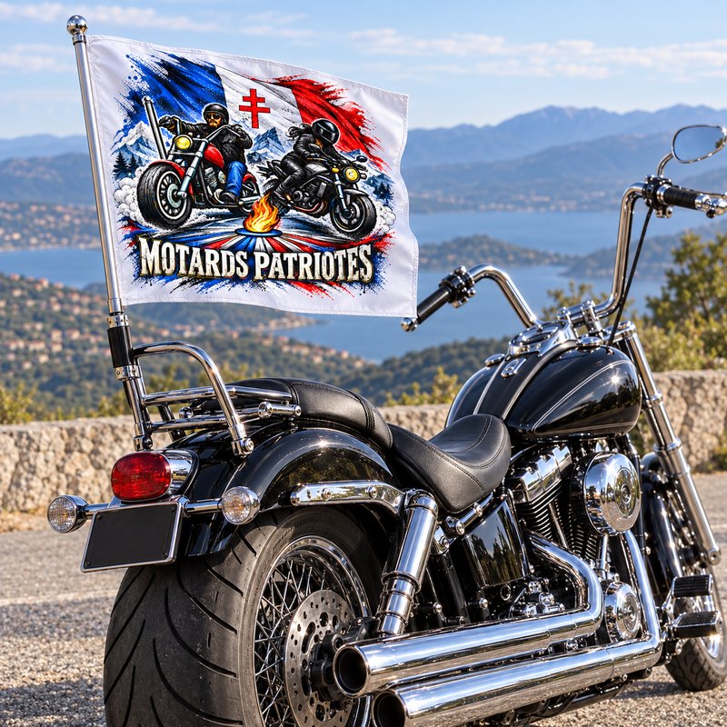 Drapeau des Motards Patriotes sur une hampe chromée fixée au sissy-bar d'un
                  custom noir, sur une route de corniche dominant la mer.