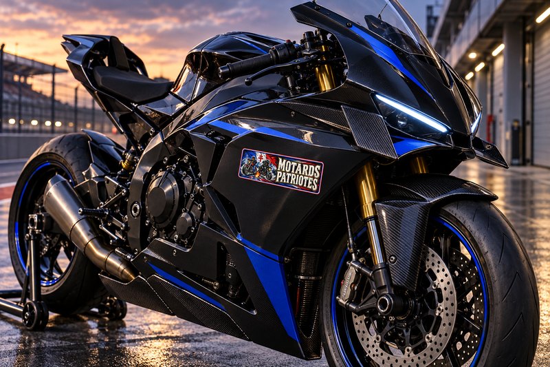 Autocollant des Motards Patriotes collé sur le flanc de carénage d'une sportive
                  noire et bleue, à l'arrêt sur une piste au crépuscule.